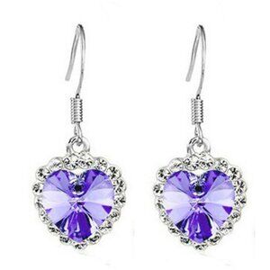 Sterling Silver Heart Shaped Light Purple Crystal Dangle Earrings Rhinestones